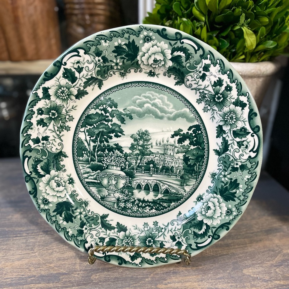 Legend Belmont Green & White river scene floral transferware salad plate